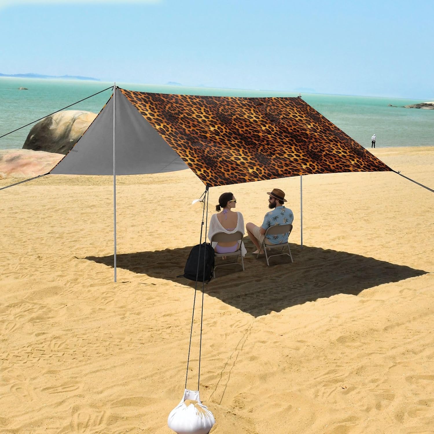 ALAZA Brown Leopard Cheetah Print Beach Tent Sun Shelter UPF50+ Protection Beach Shade Canopy w/ 4 Sandbags for Outdoor Camping, Fishing, Backyard Fun, Picnic, 10x9 ft