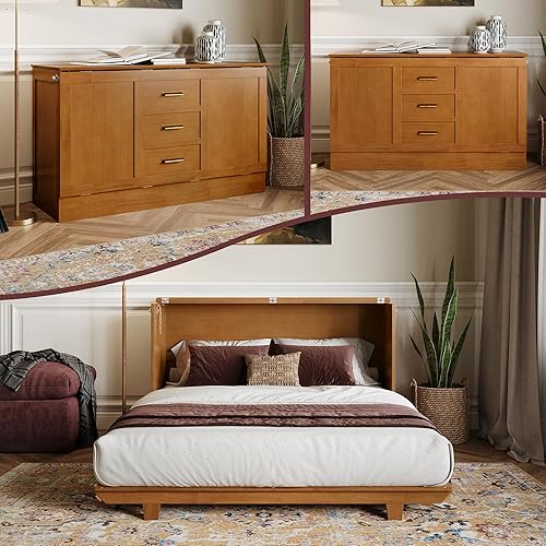 AFI, Charleston Queen Wood Murphy Bed Chest with 6" Mattress, Light Toffee