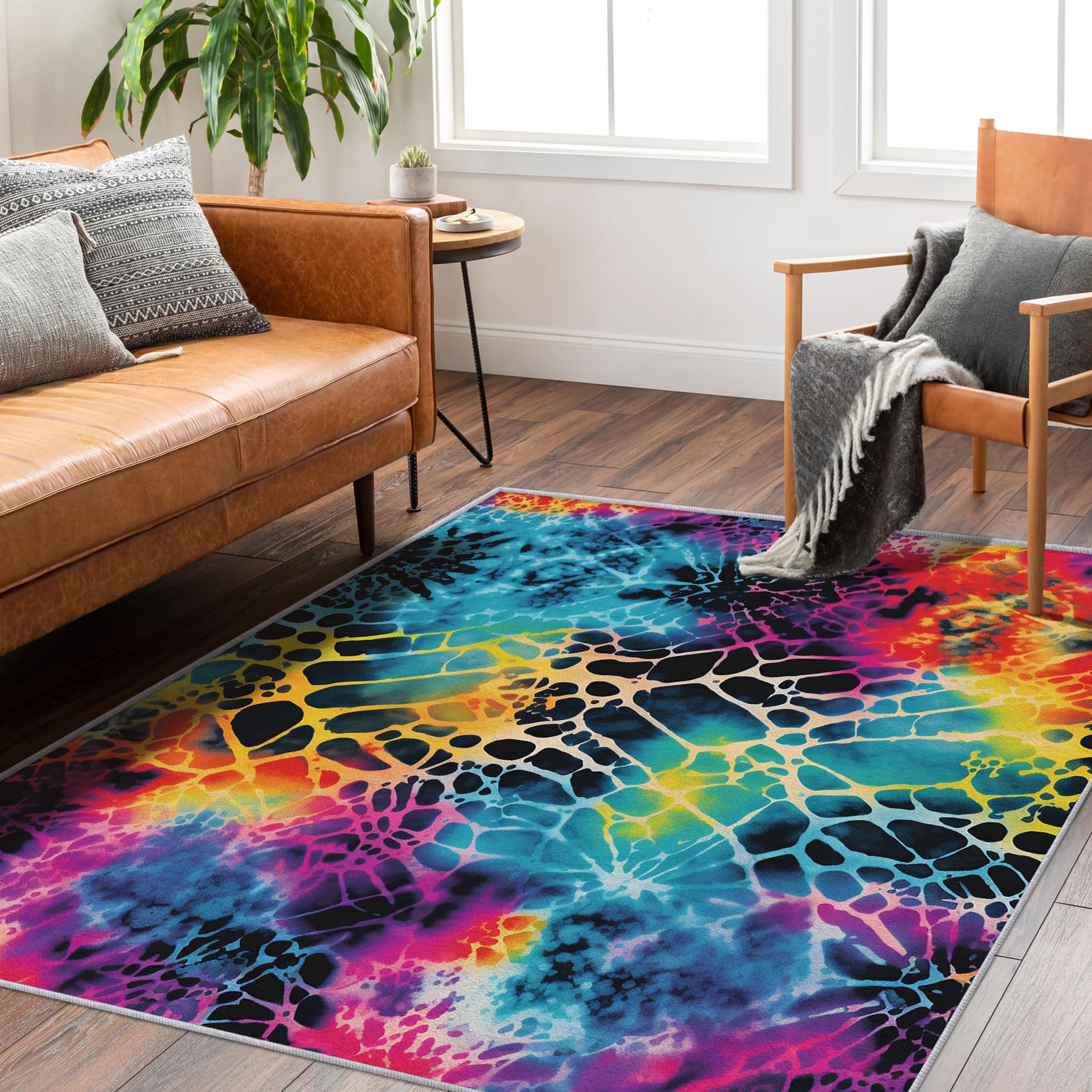 Crizdryn Area Rug 5x7ft, Vibrant Tie Dye Rug, Multicolor Abstract Psychedelic Boho Retro 70s Revival Carpet, Washable Rugs for Living Room, Bedroom,