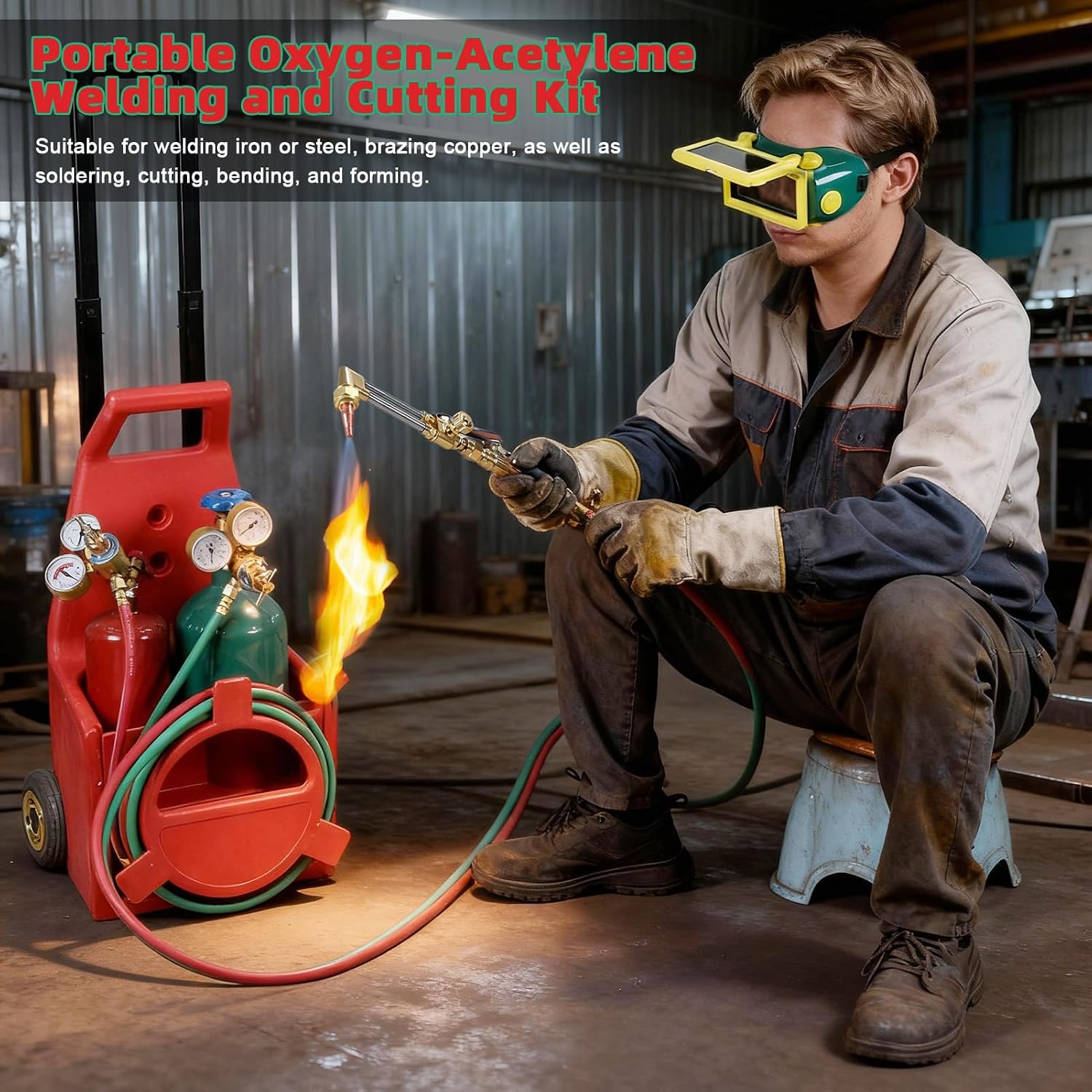 Cutting Torch Set Oxy Acetylene Torch Kit, Professional Gas Welding Brazing Cutting Torches with Tank, Portable Oxygen Acetylene Torches with Long Pipe Brass Nozzle Welding Pressure Gauge Red