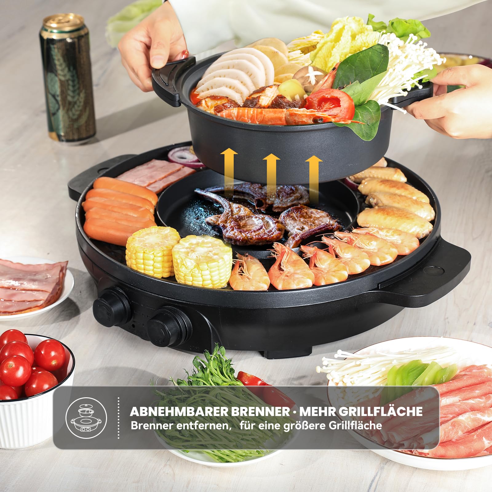 Elektryczny garnek 2 w 1, 2000 W, elektryczny garnek i grill, grill elektryczny 2 w 1, równomierne ogrzewanie z niezależnym (39 cm – zdejmowane garnki do zupy)