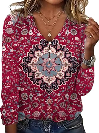 ZOCANIA Bohemian Tops for Women Button Up Floral Shirts Long Sleeve Blouses V Neck Boho Clothing Casual Plus Size Tunics