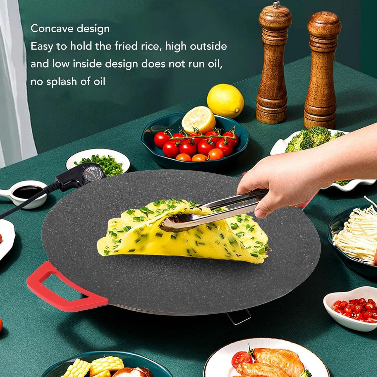 ElectElectric Grill Pan, Smokeless Electric BBQ Grill Baking Trays, Round Nonstick Cooking Griddle Pan Pancake Maker with Handles, 1000W, 15.75in (US Plug 110V)