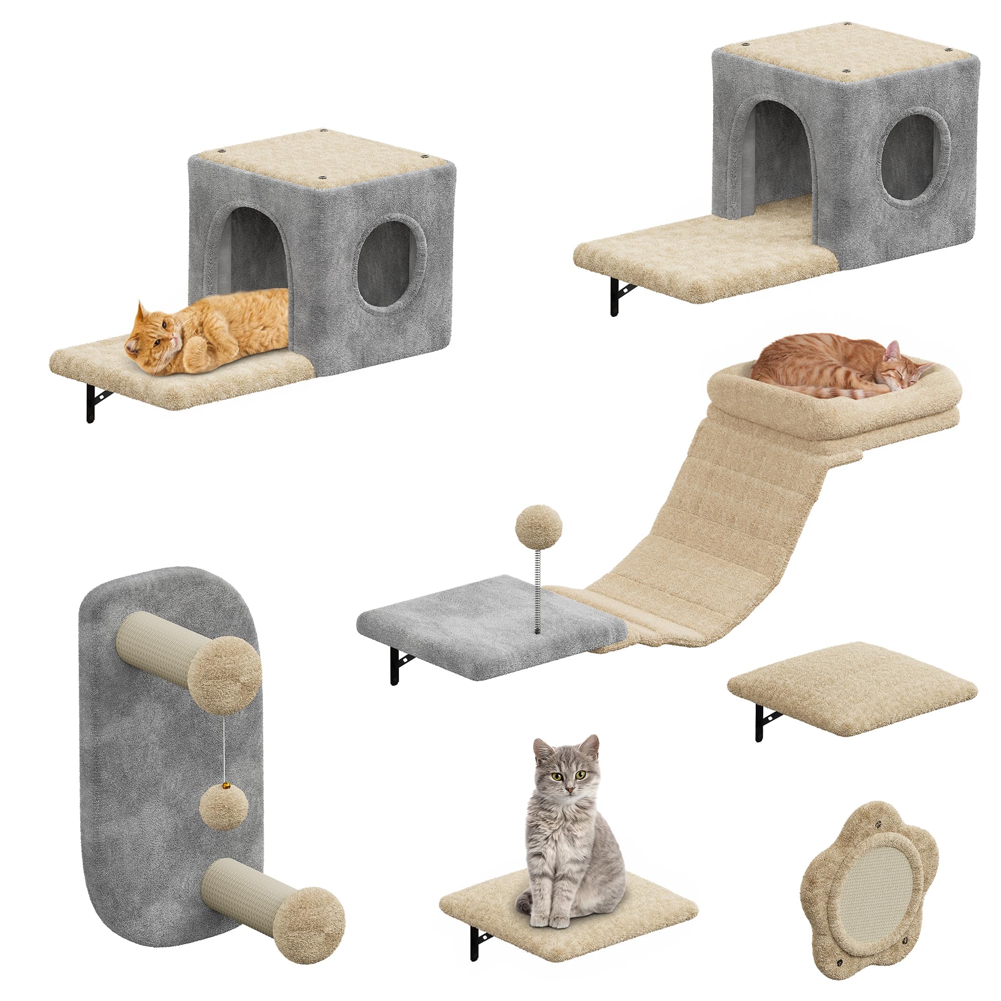 YITAHOME Set da 8 pezzi robusto da parete per gatti in flanella, mobili per gatti con casa, letto, tiragraffi, ponte sospeso e colonna in sisal, per gatti che dormono e giocano