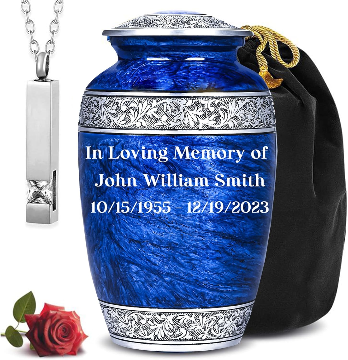 Personalized Urns for Human Ashes Adult Man & Woman with a Necklace for Ash of Loved One | Blue Urn for Ashes Adult Male | Funeral Urns, Decorative Urn, Cremation Urns for Women & Men-Large, 220lbs