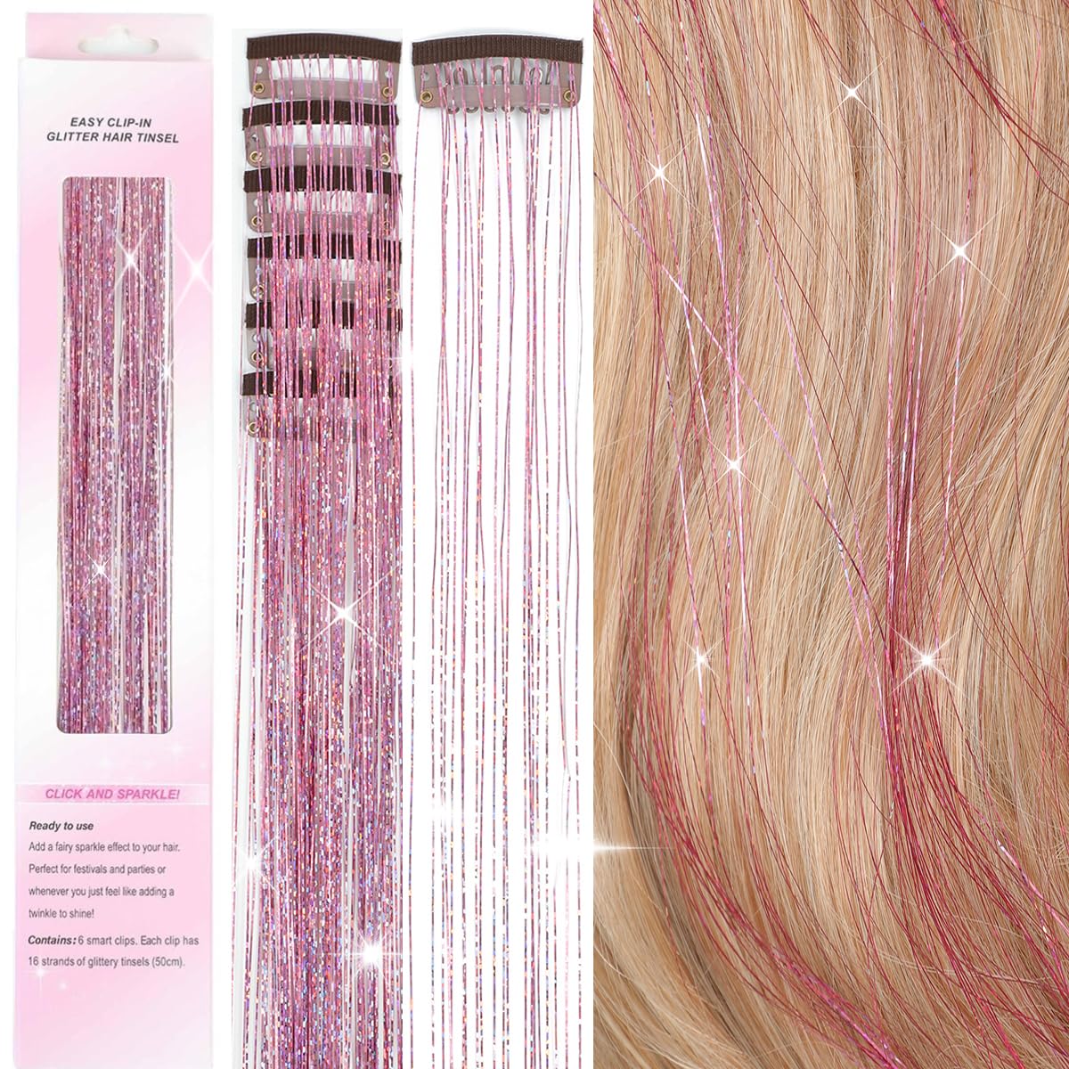 6Pcs Hair Tinsel Clip in 20Inch Fairy Hair Clip in Hair