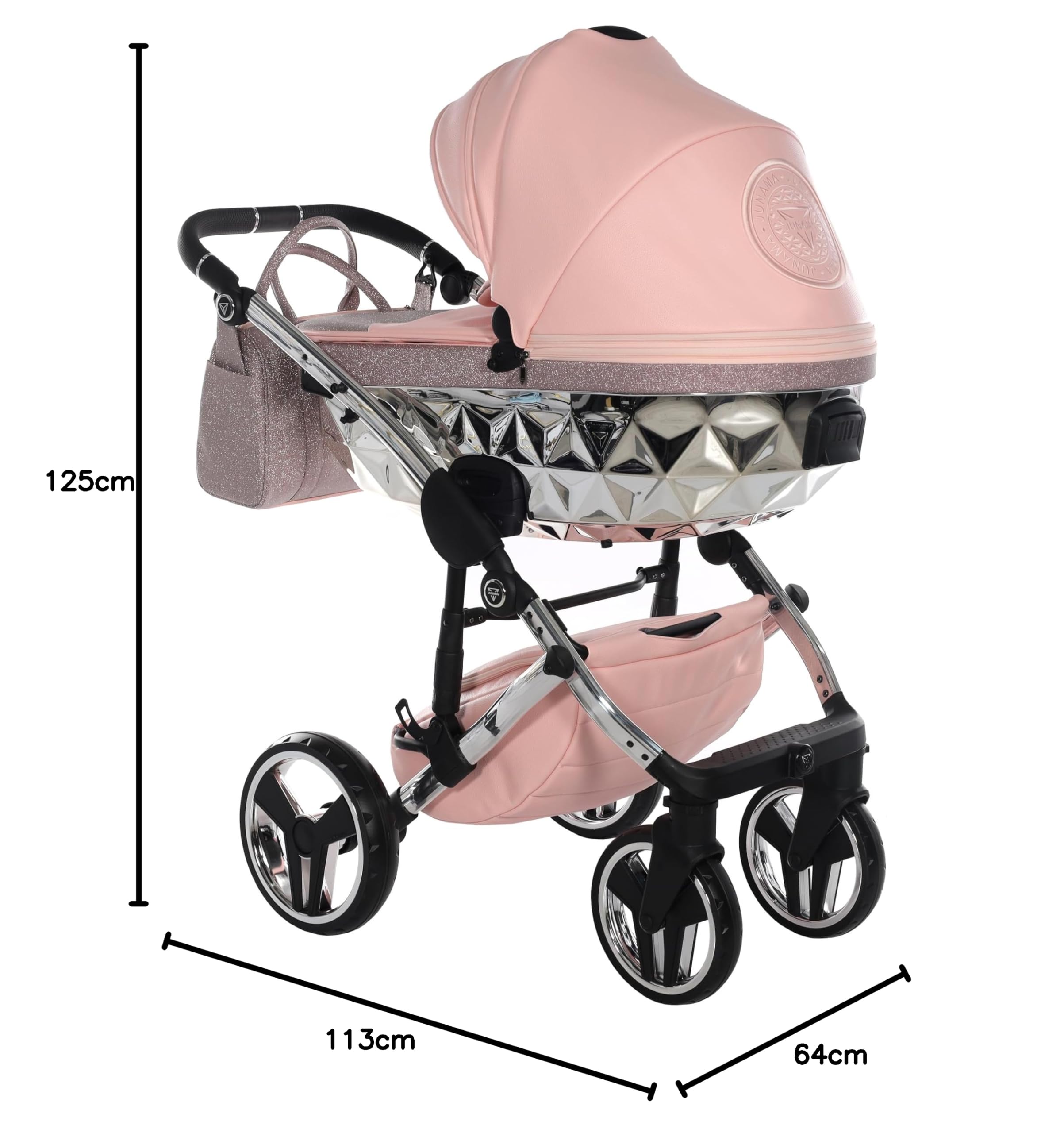Junama Passeggino TRIO Hand Craft Glitter 01 Rosa e Argento - 2in1 3in1 4in1 + ombrellino (4 in 1 con Base ISOFIX)