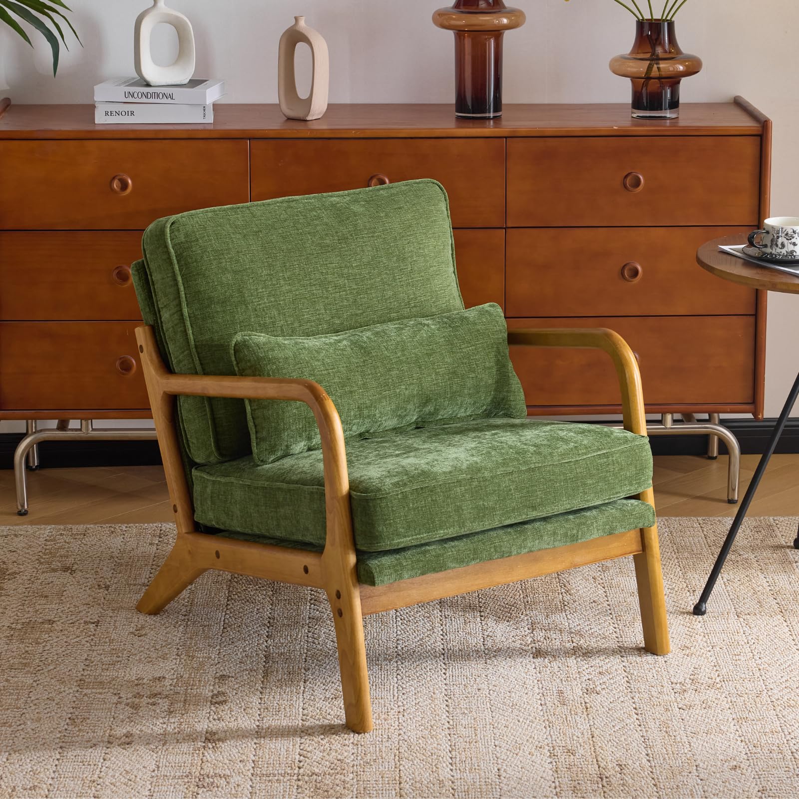 Karl home Mid Century Modern Accent Chair with Lumbar Pillow & Oak Arms – Plush Chenille Living Room Chair for Bedroom, Lounge (Olive Green)