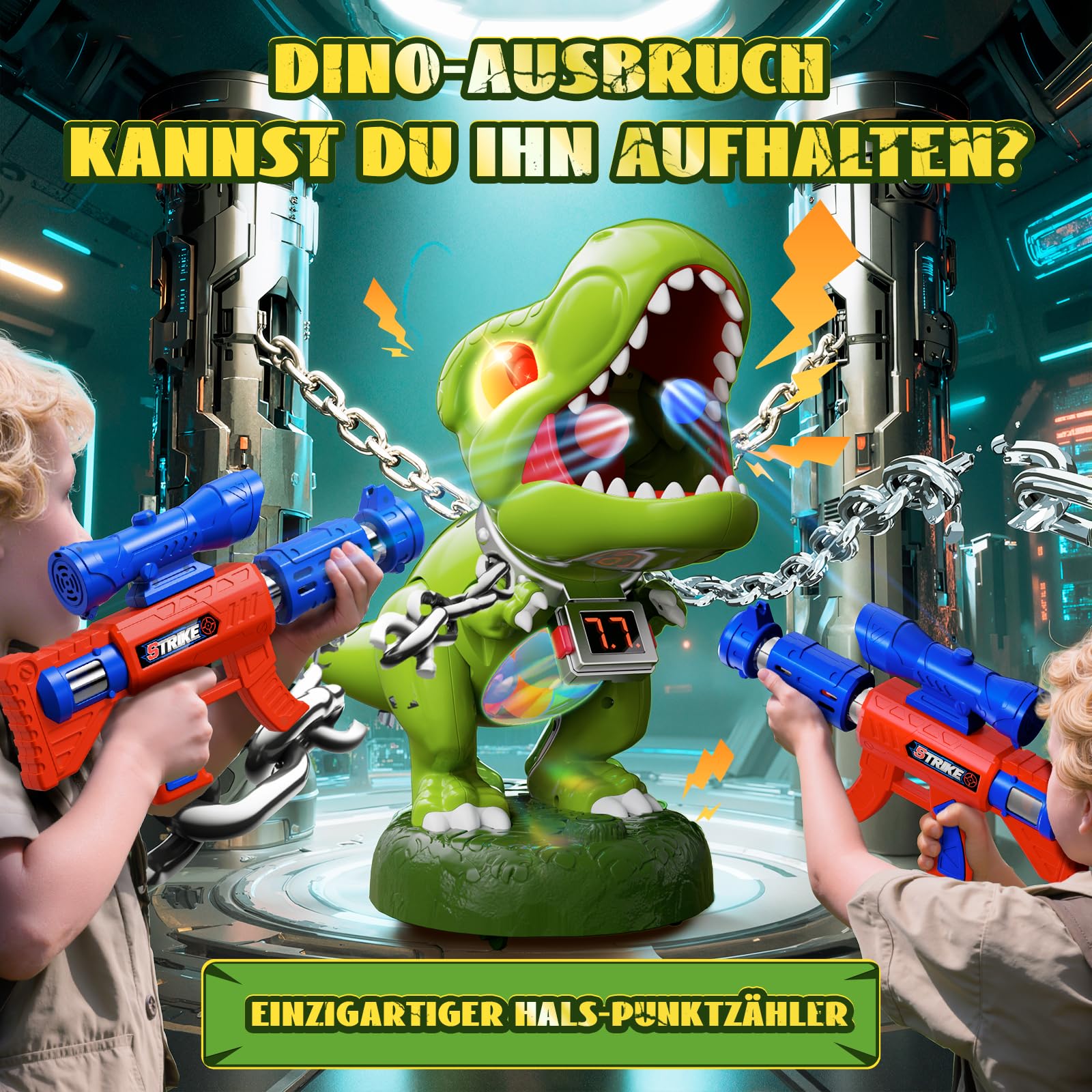 Dinosaurier Schieß Spielzeug Kinder- Bewegliches Realistisches ! kinder Partyspiele ab 3-10 Jahre Jungen, 2 Luftpumpenpistolen, LED, Schaumball, Zähler, Brüllen, Geschenk Junge 4 5 6 7 8 9 10 11 Jahre