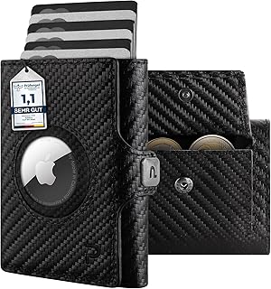 KLIK Classic AirTag Wallet mit Münzfach - Mini-Geldbörse für Herren aus Echtleder - Kleines Kartenetui mit RFID-Schutz für 10-14 Karten - Carbon