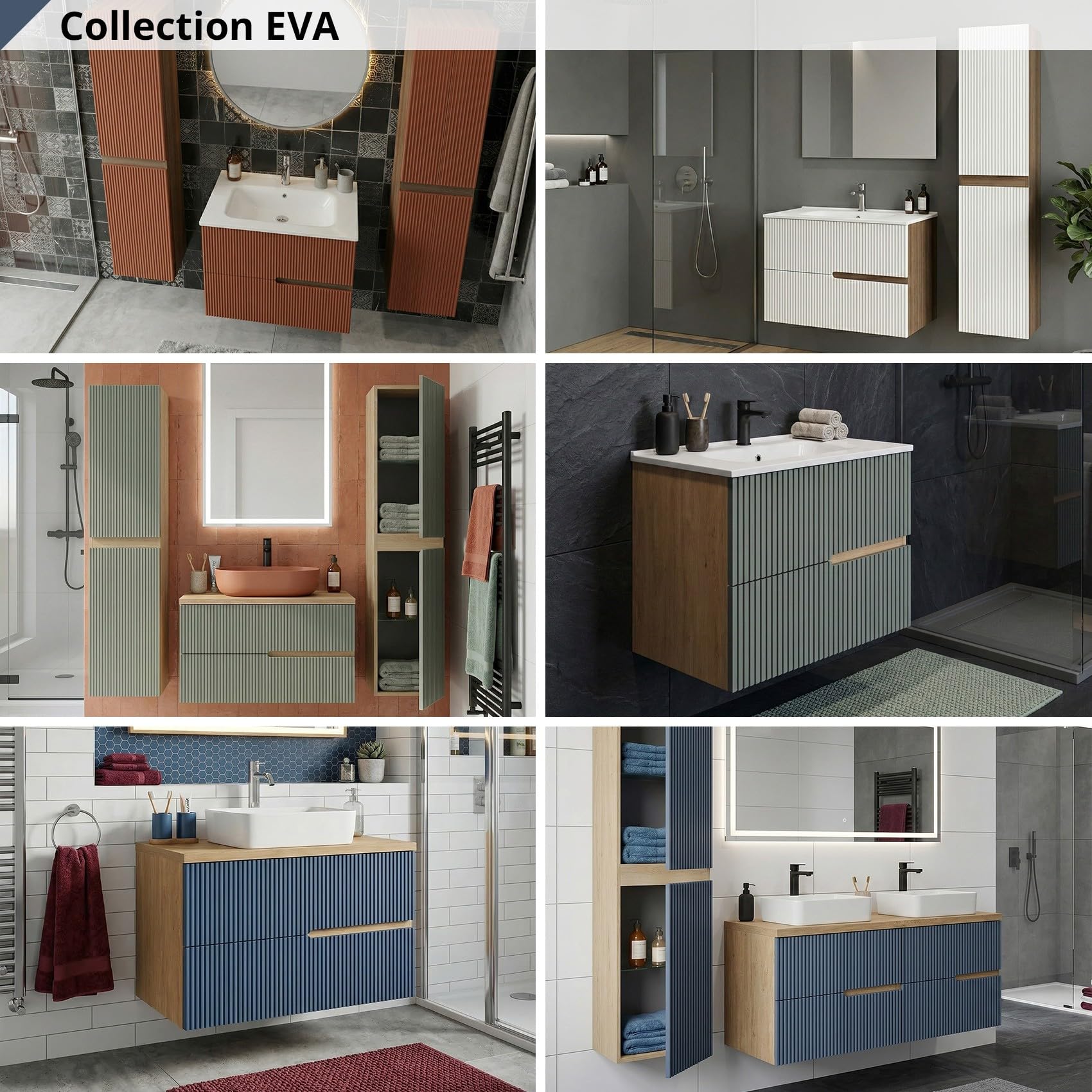 SANIVERRE EVA Meuble Vasque à Poser Suspendu L.100 cm Chêne Naturel 2 Tiroirs Bleu Mer Cannelé (sans Colonne) Salle de Bain