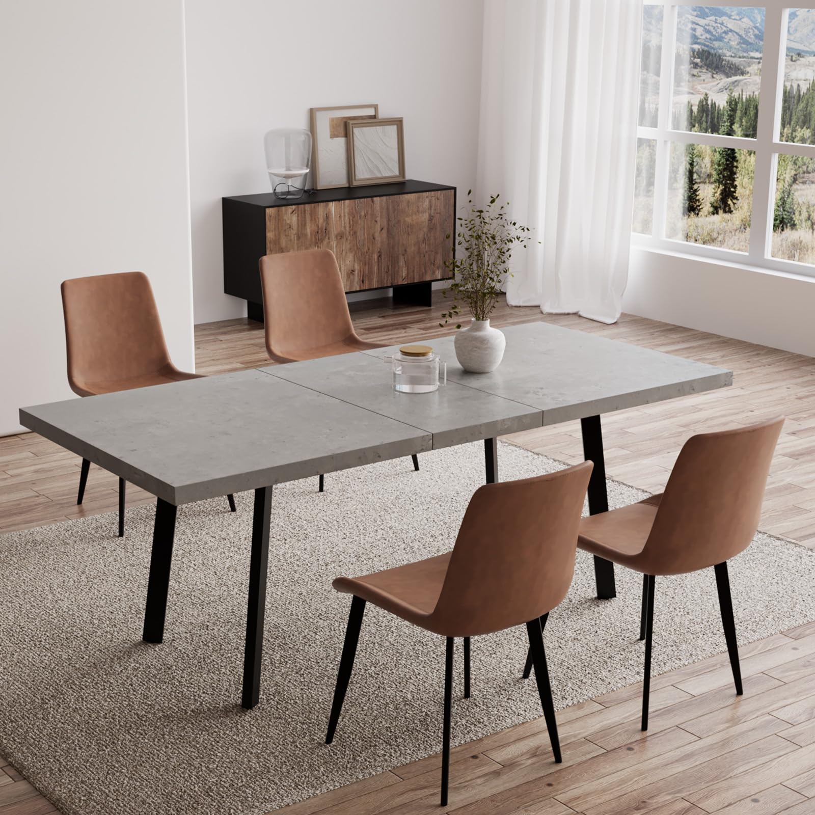 Zerifevni 47.2"- 62.9" Extendable Dining Table with 4 Brown Dining Chairs, Modern Kitchen Table Set for 4, Thickened Expandable MDF Wooden Table with