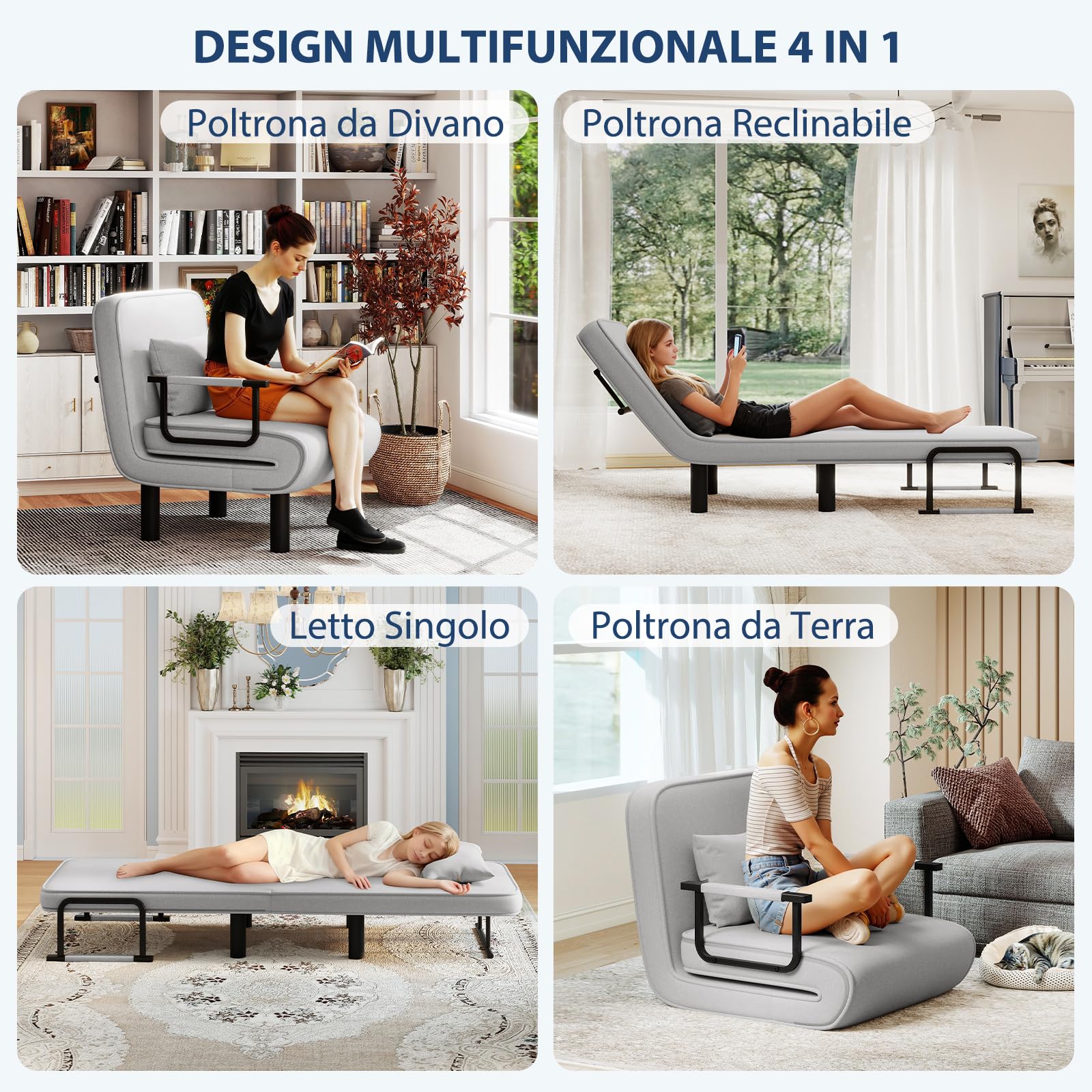 Poltrona Letto 4 in 1, Poltrona Divano Letto Singolo, Poltrona Pieghevole con Schienale Regolabile in 6 Posizioni per Camera da Letto Soggiorno Ufficio, Gregio chiaro