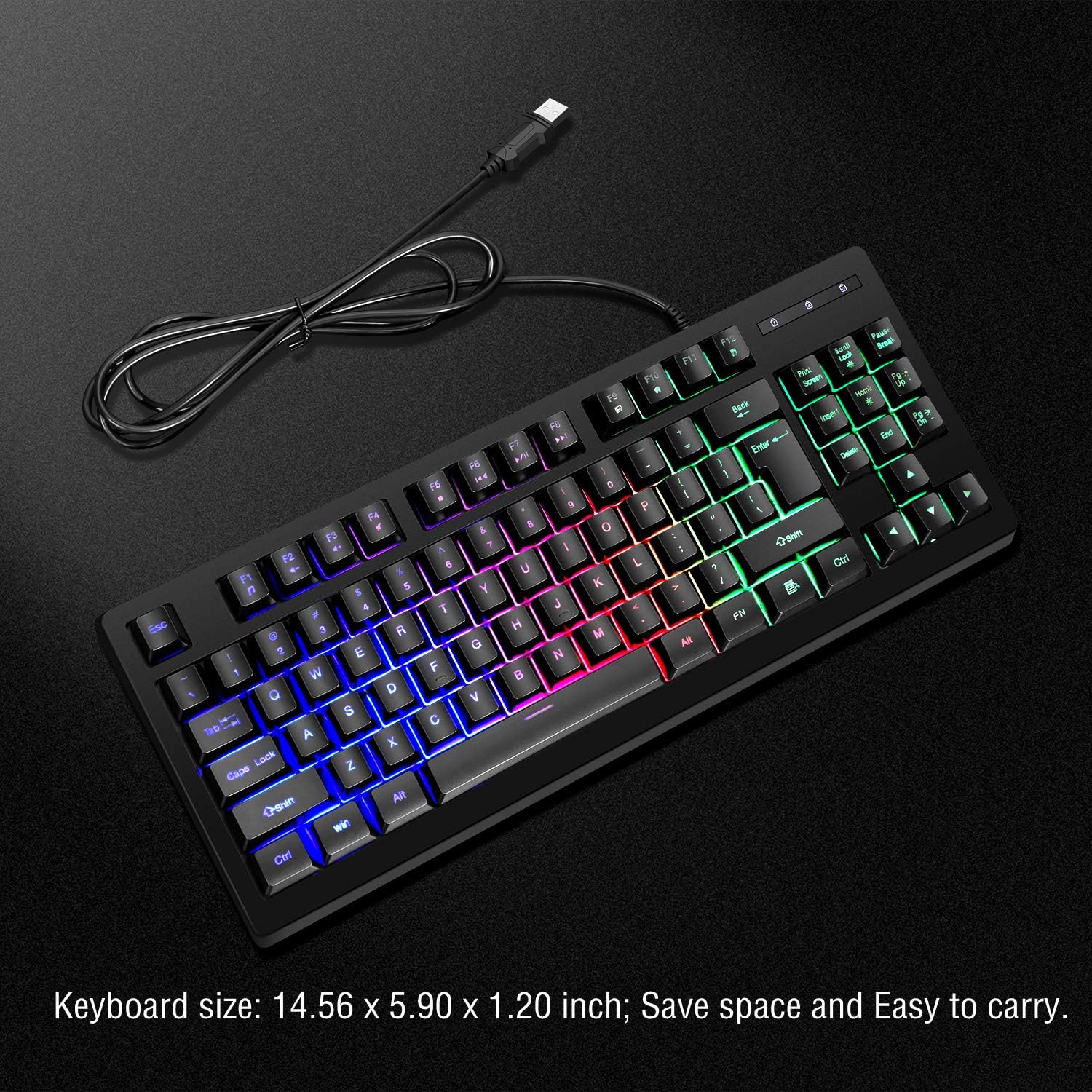 RGB Gaming Keyboard USB Wired,87 Keys Rainbow Game Keyboard,Variable Colorful Backlight Gaming Keyboard,Light Up Keyboard for Game and Work