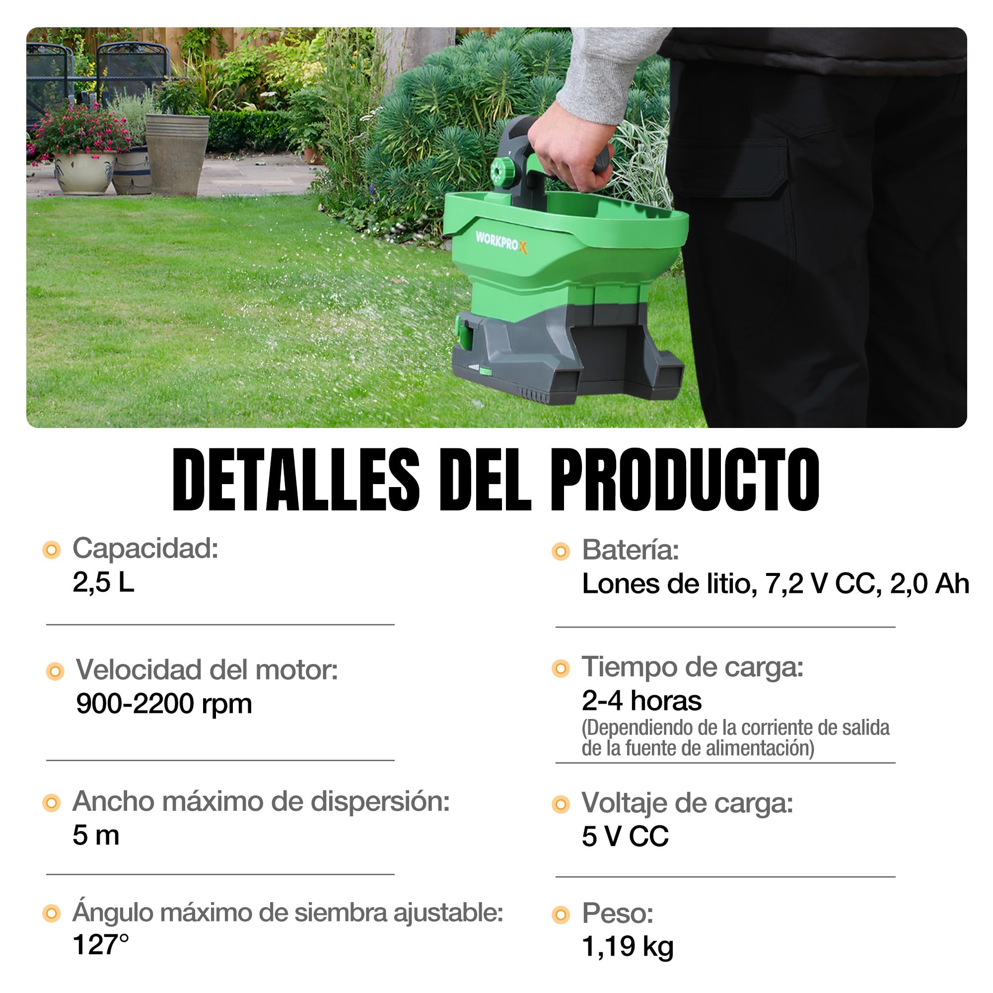 WORKPROX Sembradora Universal con batería Recargable 7,2 V, 8 Niveles de Flujo, 6 Velocidades y Ancho de Proyección Regulable, Esparcidor para Semillas de Césped, Fertilizantes y Sal Antihielo