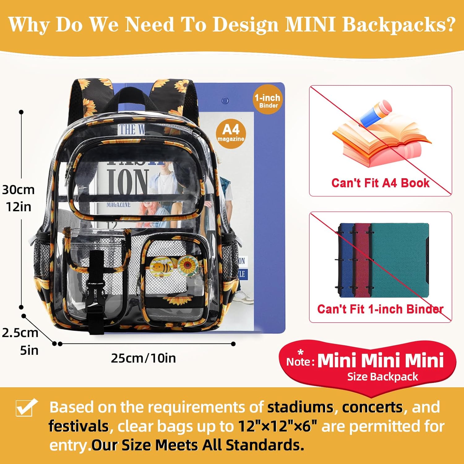 Mini Clear Backpack for Stadium Approved 12x6x12, Small Transparent Backpacks Plastic See Through Clear Bag for Kids Grils Women for Sporting Event, Concerts, Work, Festival (Sunflower) - Image 3