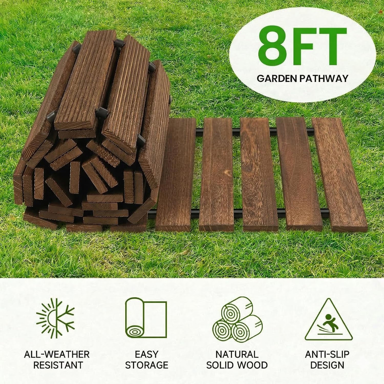 Wooden Garden Edging Outdoor Walkway - 8 FT Roll Out Straight Walkway, Wooden Walkway with Non-Slip Surface, Decorative Boardwalk Path for Outdoor Garden Backyard Wedding Party, Brown