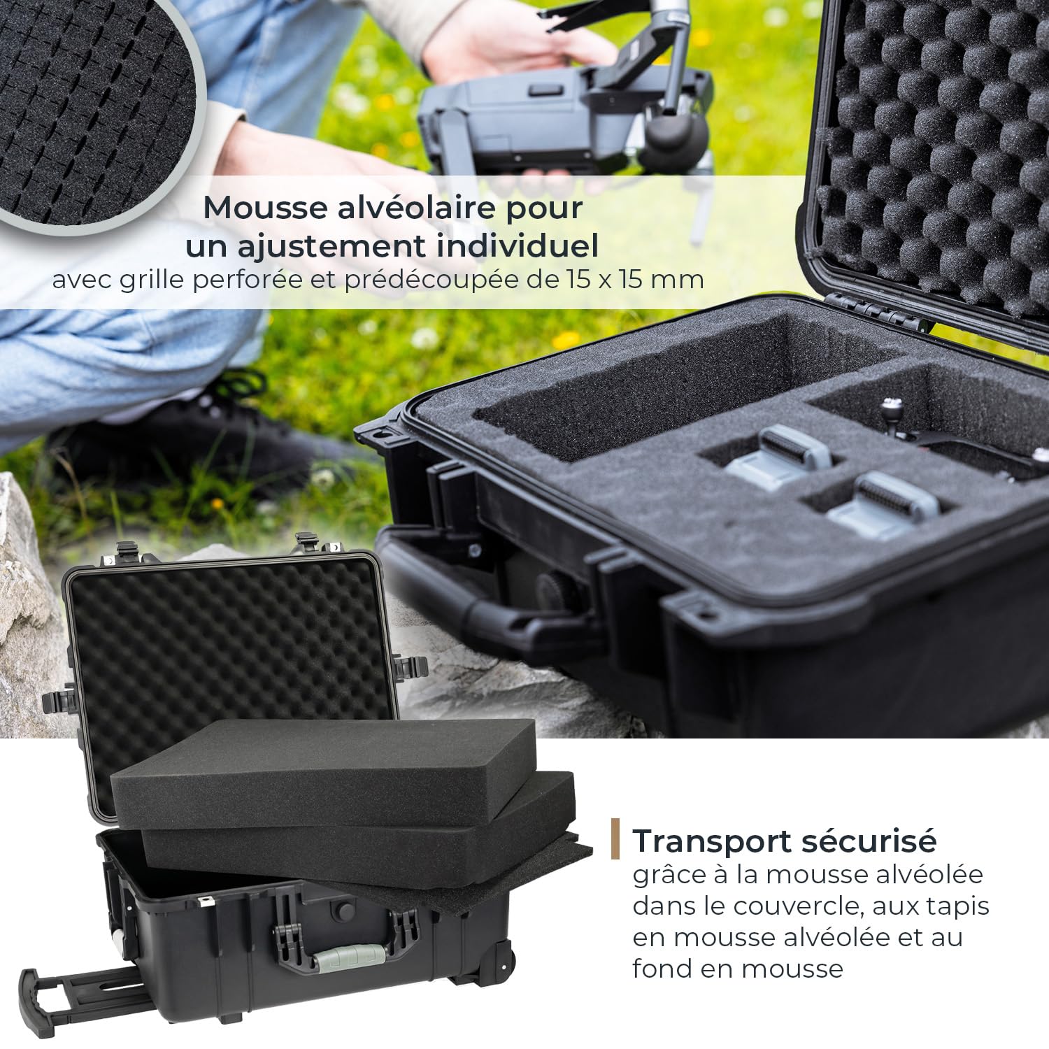 HMF ODK400 Valise à roulettes d'extérieur avec mousse prédécoupée, Noir , 58.5 x 45 x 27.5 cm, Valise