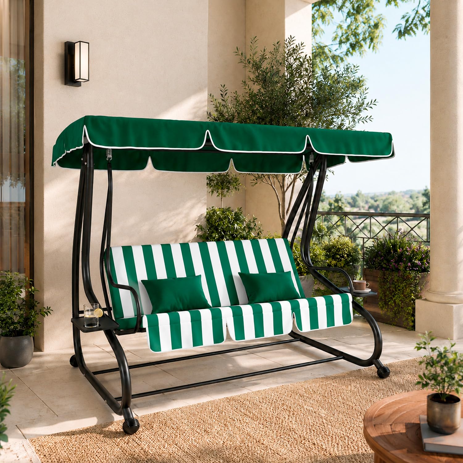 Dondolo Altalena 3 Posti Reclinabile Con Copertura Parasole Orientabile Trasformabile In Letto Telaio Resistente Per Giardino Terrazza Balcone Relax 200 x 120 x 160 Cm Verde E Bianco