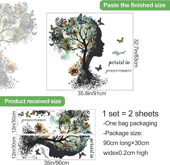 Removable Inspirational Wall Decals Peel and Stick Wall Stickers Art Positive Sayings Sticker DIY Giant Tree Butterfly Wall Decor for Women Girls Bedroom Living Room Sofa Background Decoration