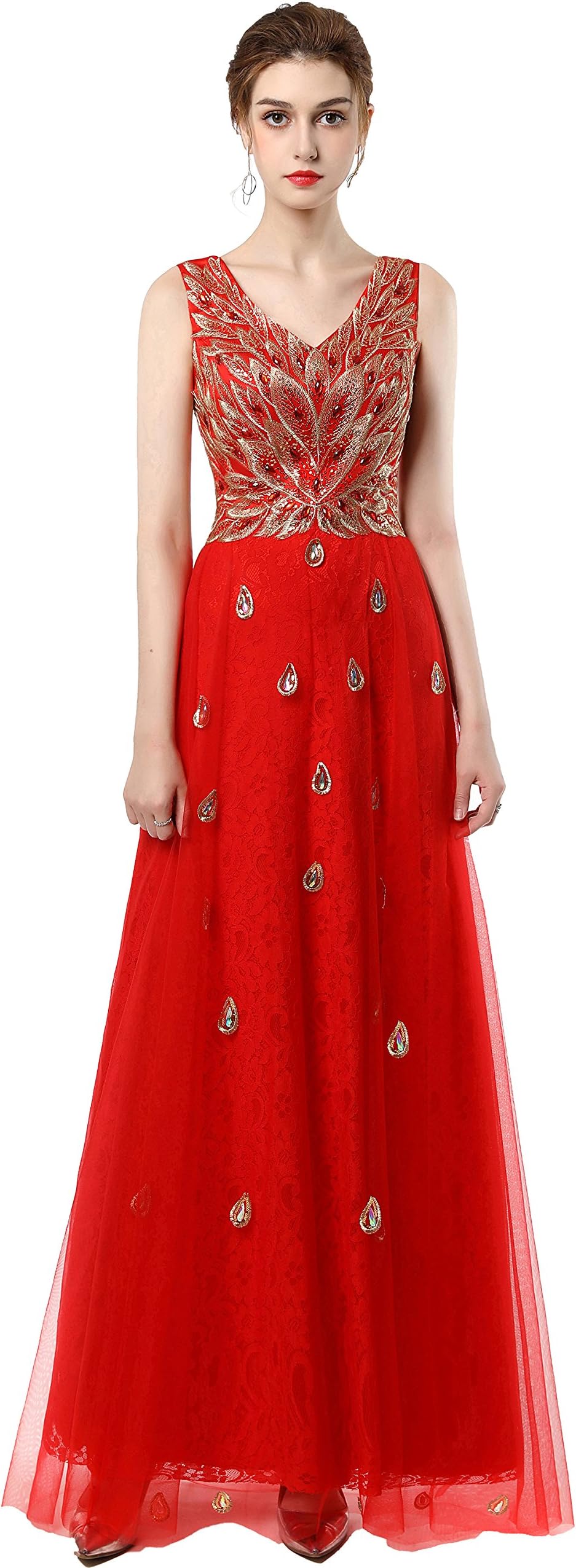 MissFay Luxury Applique Evening Dress for Women Formal Long Prom Dress Red 6