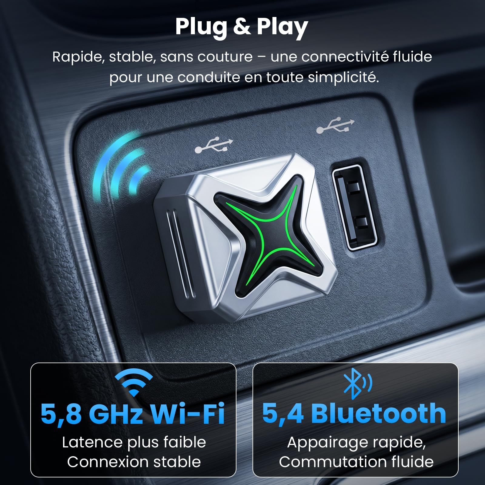 Adaptateur CarPlay sans Fil, 2-en-1 Dongle, Android Auto, Plug & Play | Convertit Filaire en Sans Fil, Changer d'Utilisateur en Un Clic, pour Voiture à partir de 2016, iOS 10+ et Android 11+