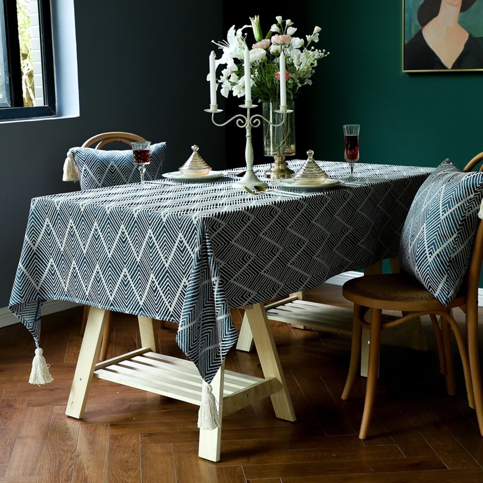 Mesnt Dining Tablecloths For Rectangle Tables, Polyester Herringbone Wavy Stripes PatternDecorative Fabric Table Cover for Kitchen, Navy Blue, 39 x 63 Inches