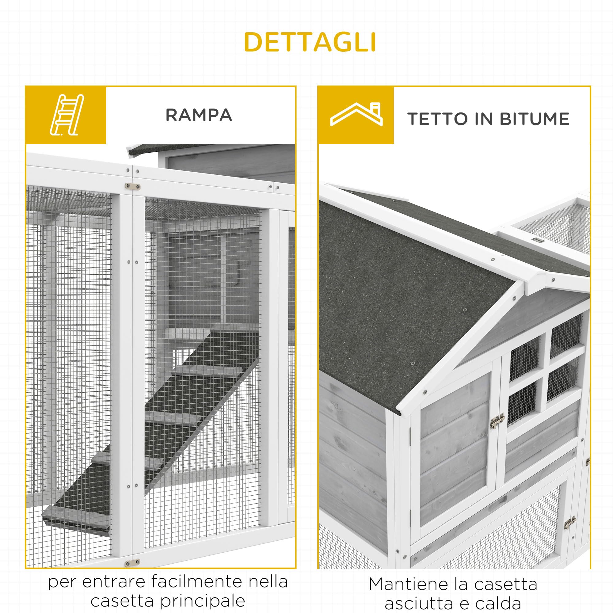 PawHut Conigliera in Legno da Esterno con 2 Casette 259x64x92 cm Grigia | Area Aperta Recintata, Porte, Rampe
