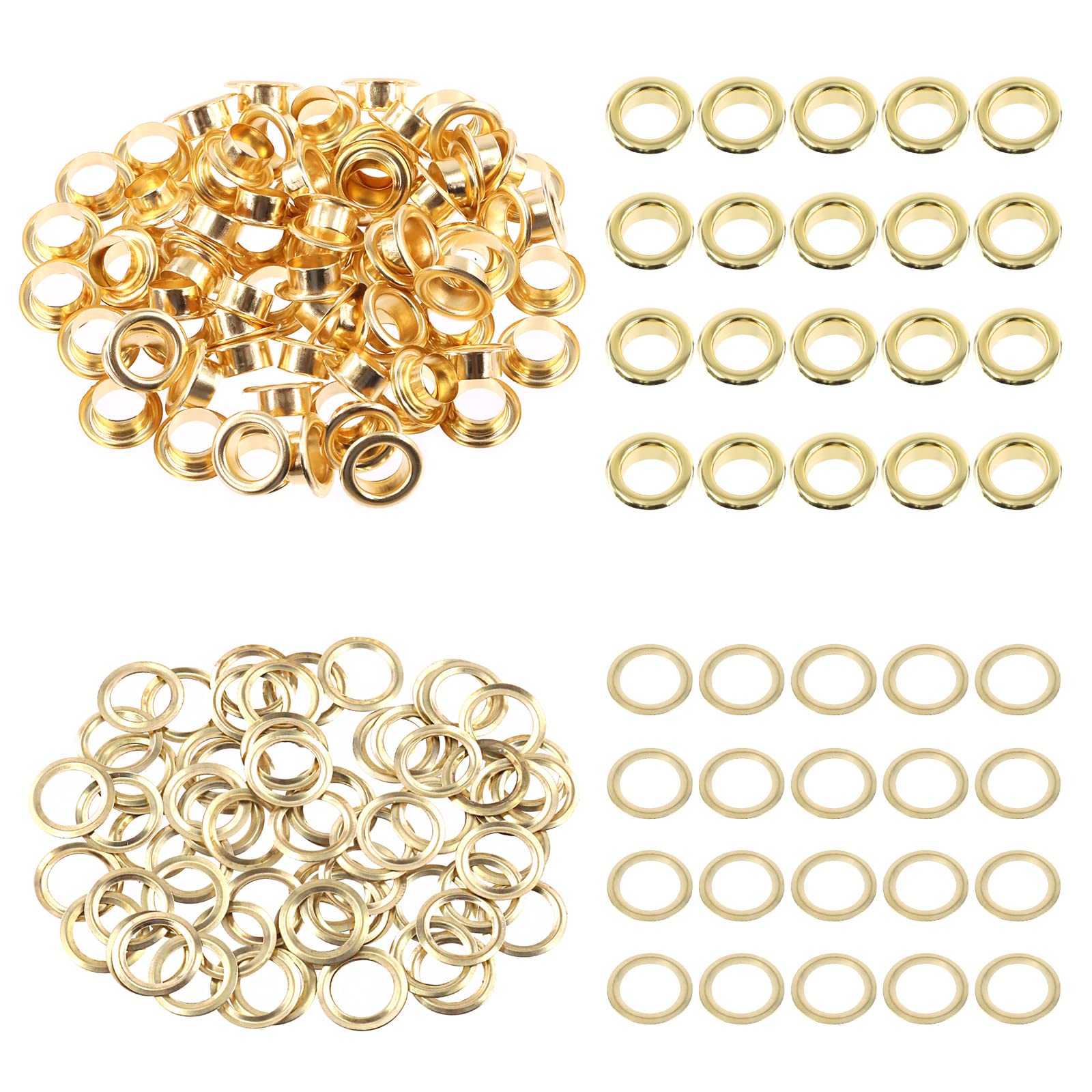 Swpeet 100Pcs - 50Sets 3/10" (8mm) Hole Gold Grommets Thicken Metal Grommet Kit, Metal Eyelet Kits for Repairing Canvas, Leather, Curtains