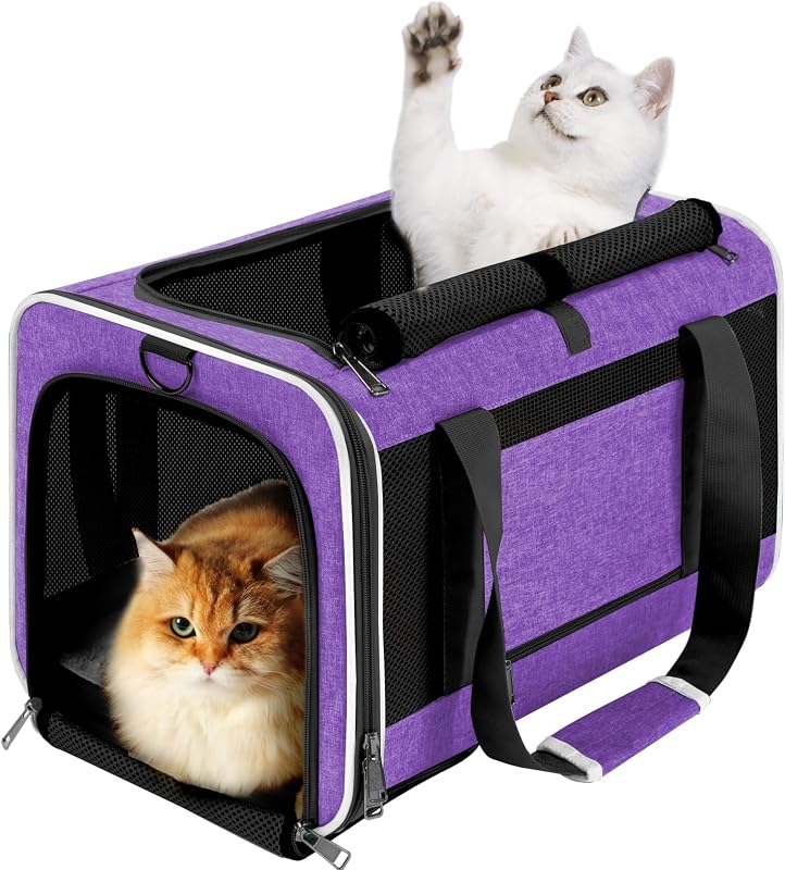 GAPZER Bolsa de transporte para gatos grande, suave y plegable, bolsa de transporte para mascotas, perros pequeños | Gatos grandes de hasta 20 lbs+ Maine Coon, transporte de carga superior, jaula para cachorros pequeños, miniperro chihuahua de 10 lbs, pueple de tela resistente