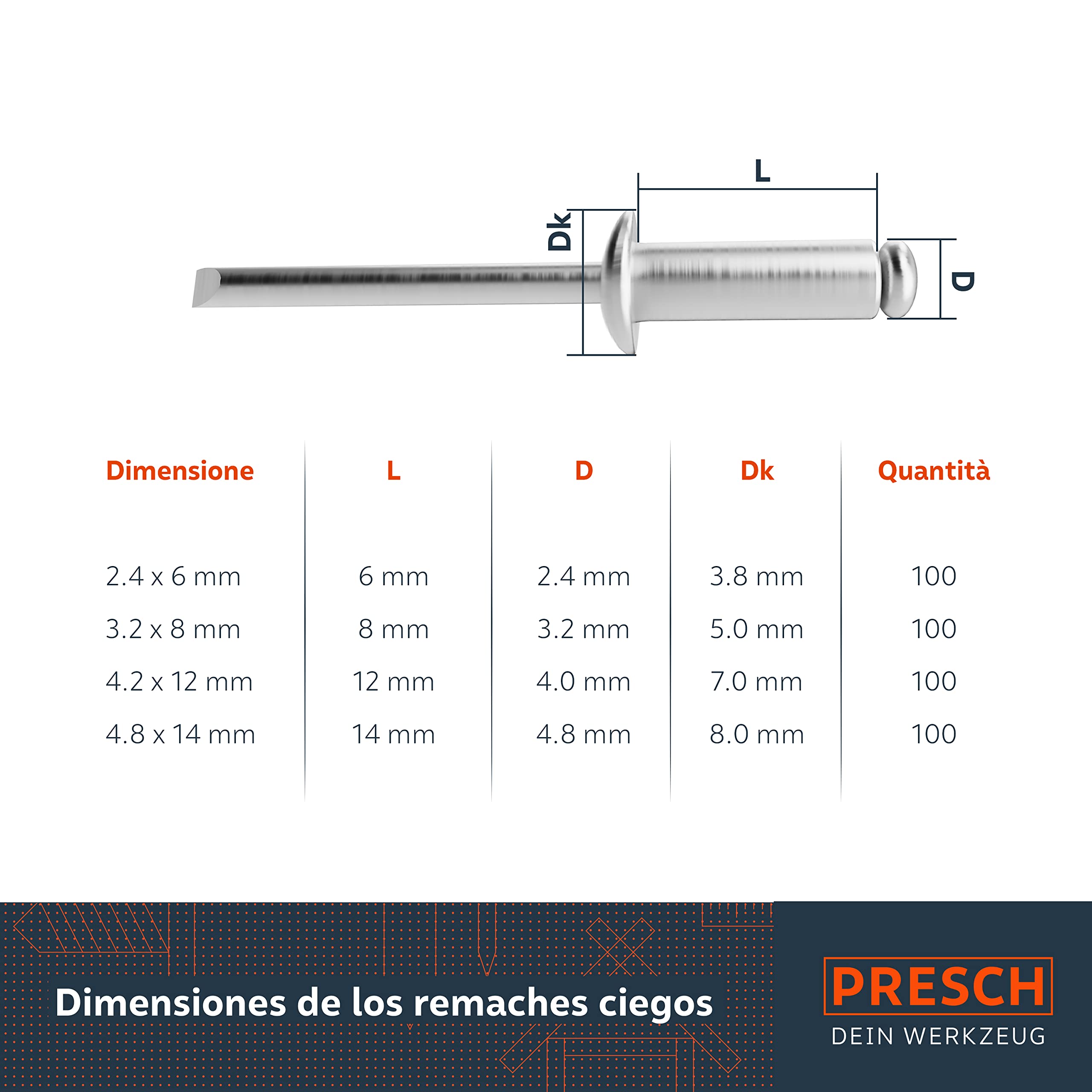 Presch Set rivetti ciechi 408 pezzi - Assortimento rivetti alluminio/acciaio 2,4-4,8mm con punte HSS 2,5-4,9mm