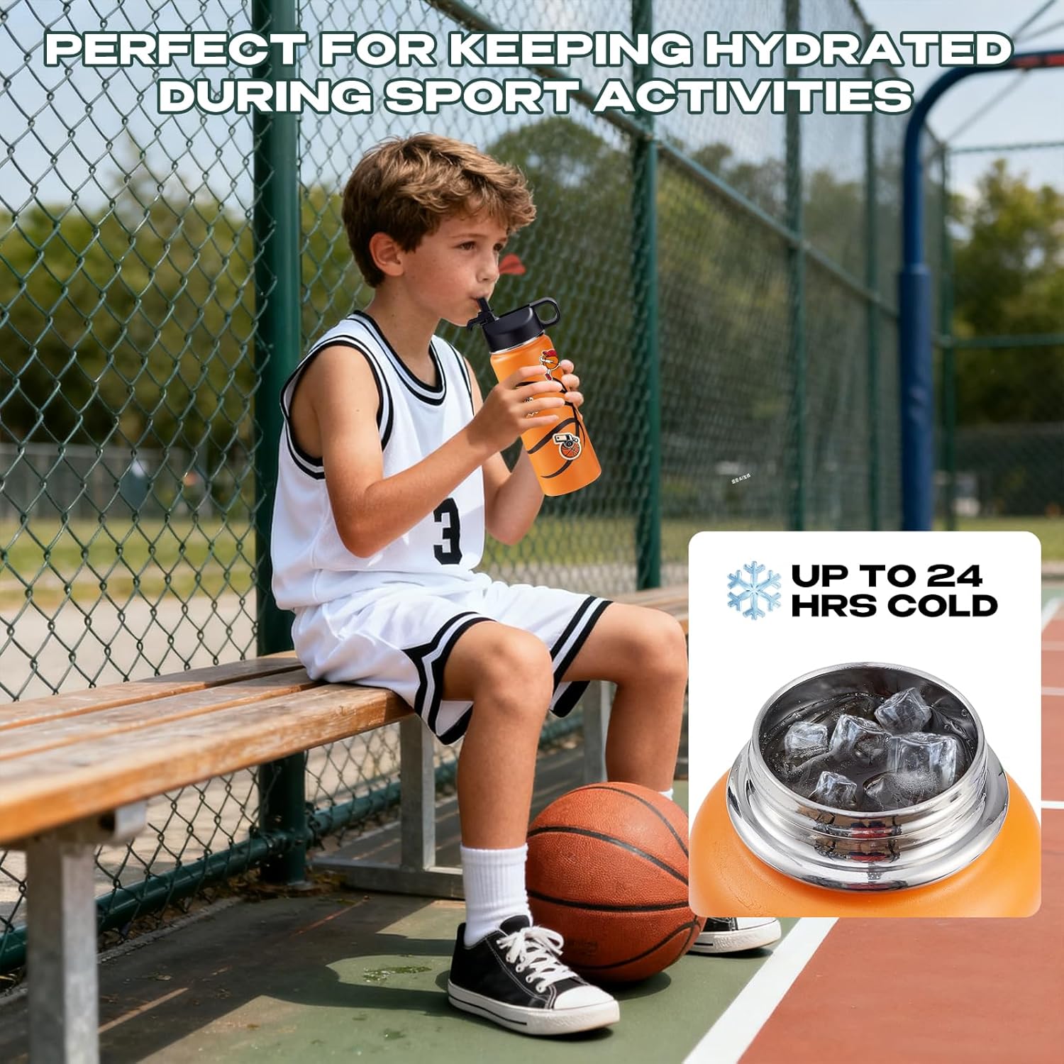 Basketball Water Bottles for Boys 18 oz and 100 PCS Basketball Stickers Sports Insulated Stainless Steel Water Bottle Basketballs Accessories Stuff Gear Gifts For 8-12 12-14 Player - Image 3