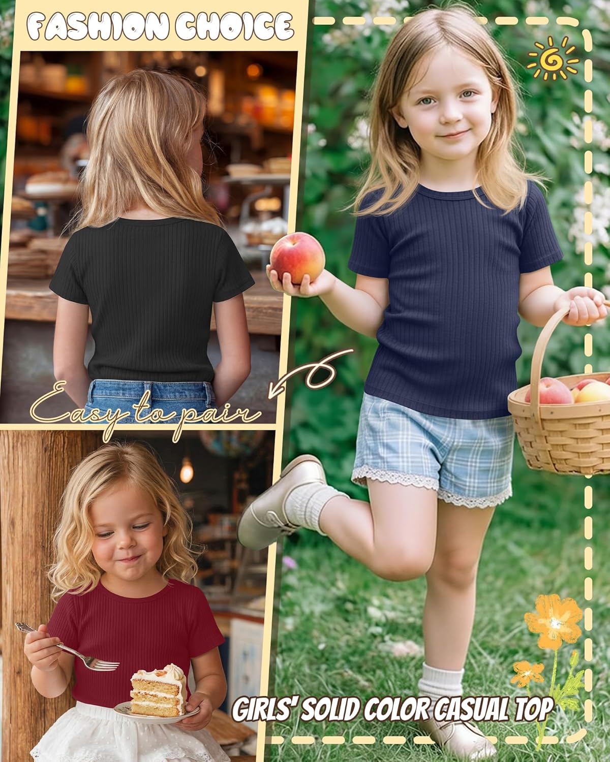 3 Pack Toddler Girls' Ribbed Shirts Short Sleeve Crew Neck T Shirts Knit Slim Fit Soft Solid Base Layer Tee 18M-5T