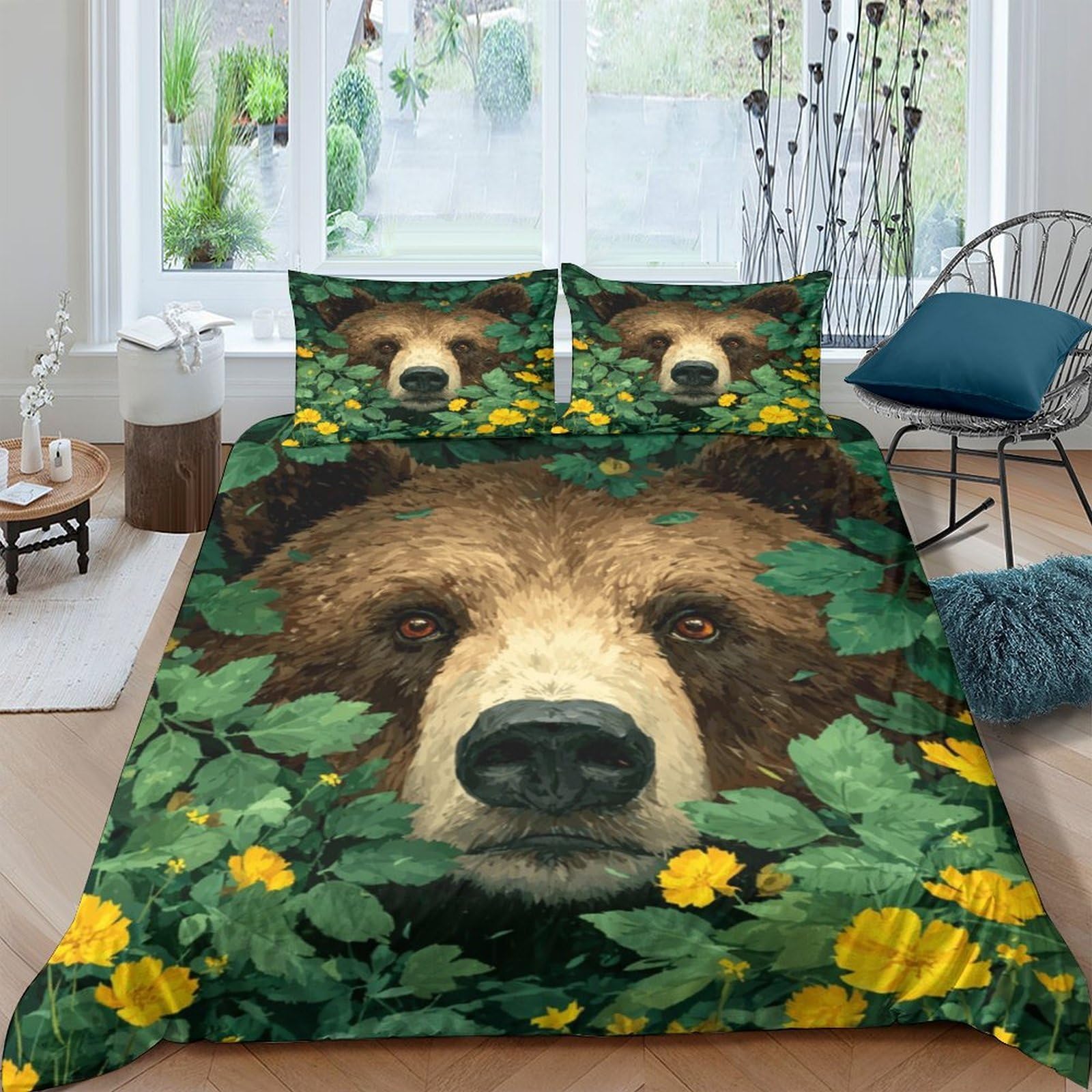 GPLZQXKJNH 3D Printed Bear in Forest Duvet Cover Set Microfiber Soft Breathable Camouflage Bedding Set with 2 Pillowcases for Bedroom Decor Single（135x200cm）