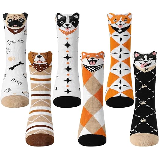 6 Pairs Cute Funny Animal Socks for Women Girls 3D Novelty Cotton Cat Dog Crew Socks for Animal Lovers Gifts