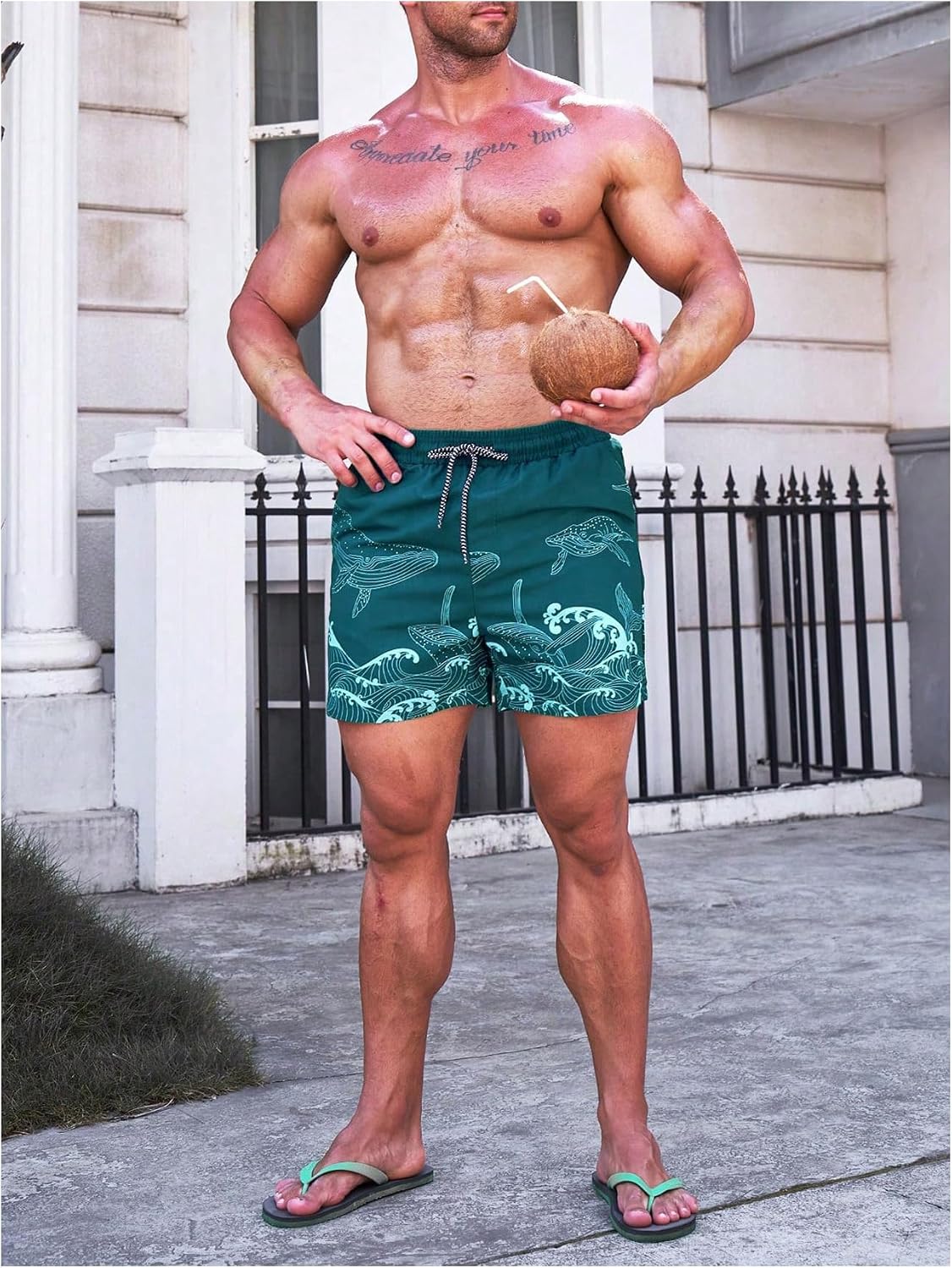 SHENHE Men's Swim Trunks with Mesh Lining Quick Dry Whale Wave Print Bathing Suit Beach Shorts