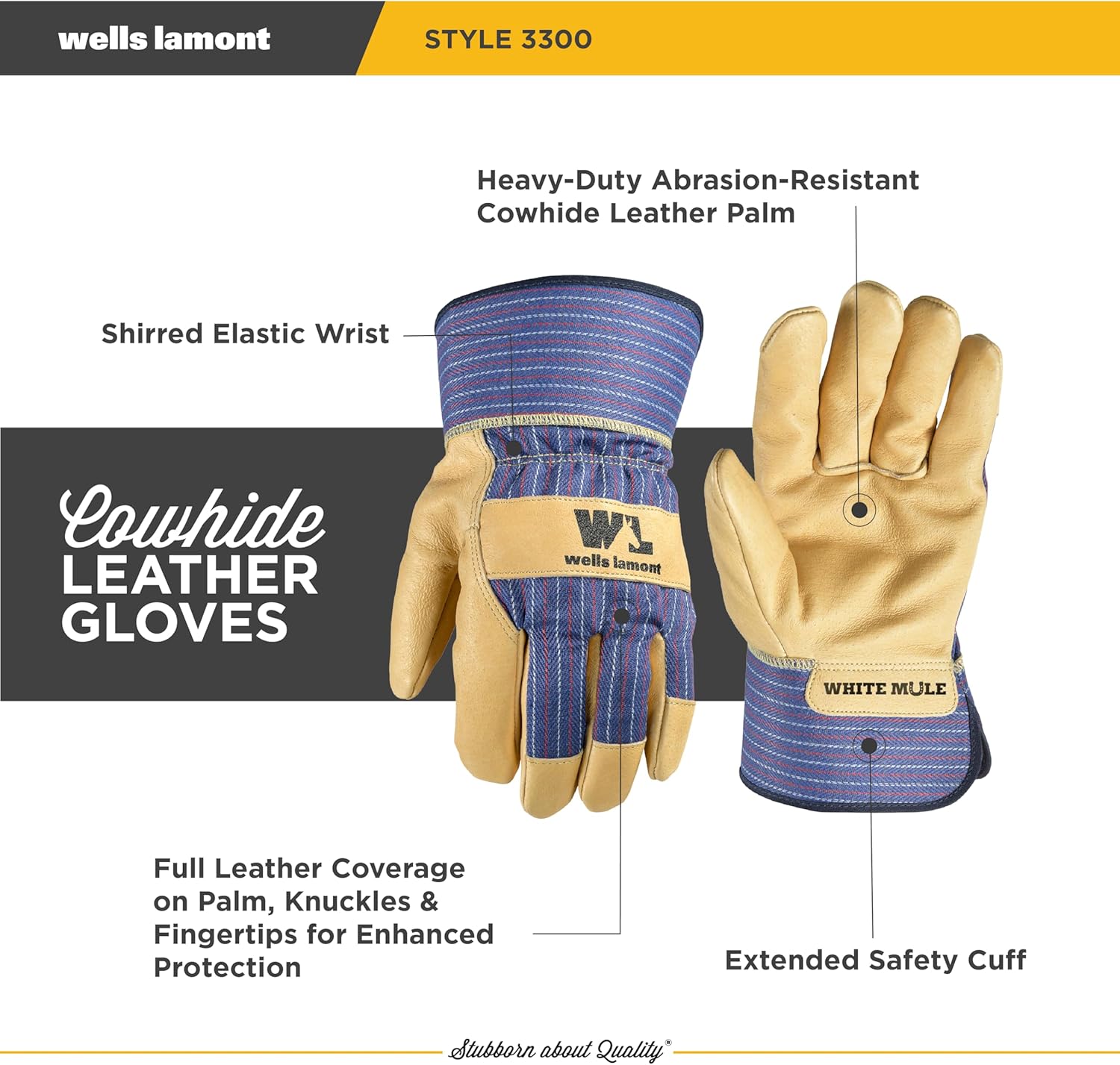 Wells Lamont Men's White Mule Heavy Duty Cowhide Leather Palm Work Gloves, Medium (3300M) - Image 2