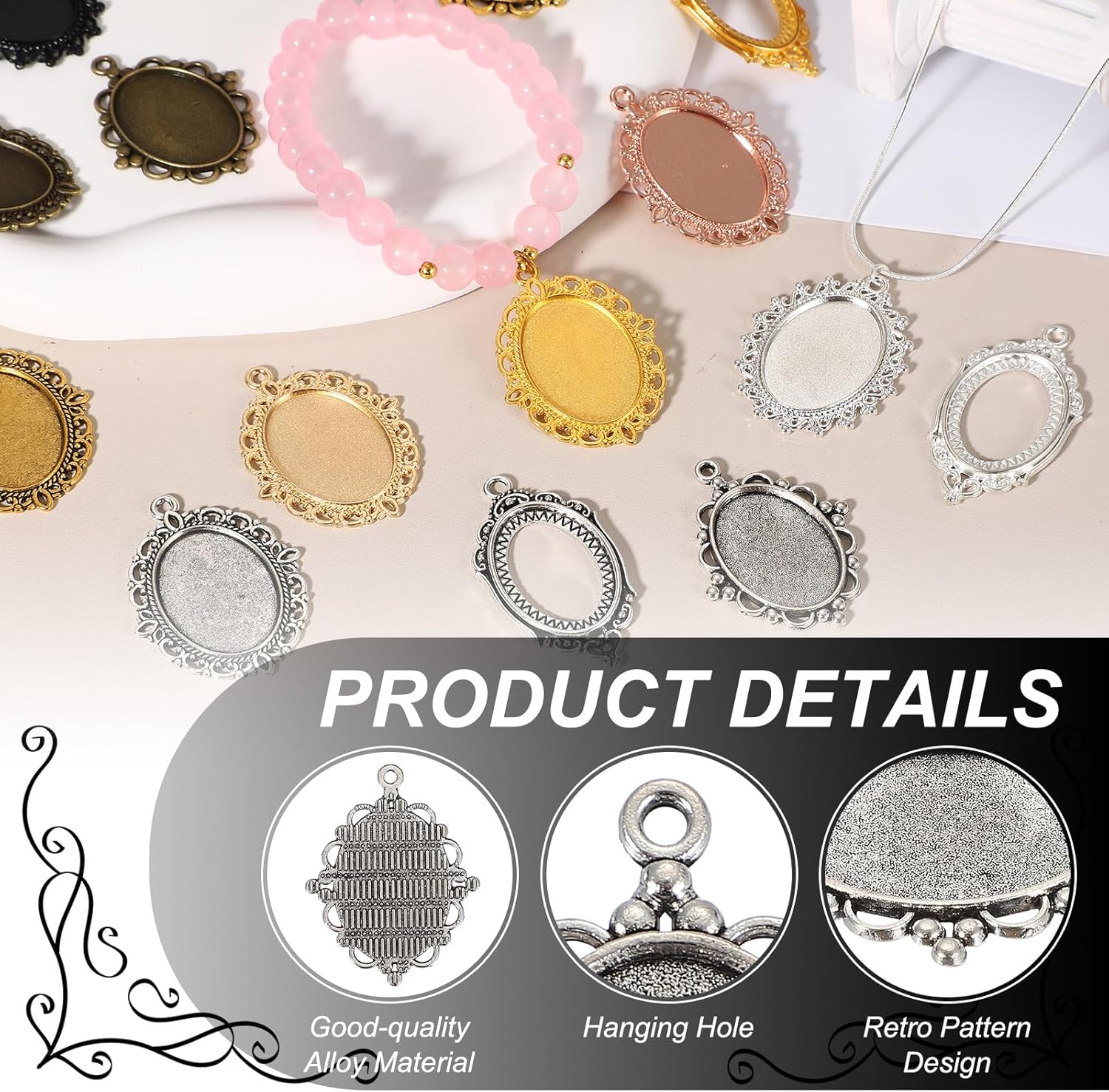 uxcell 12 Pcs Pendant Trays Kit, 25mm Oval Blank Bezel Pendant Tray Base Connector Settings for Photo Charm Jewelry Making DIY Crafts, Silver (Beaded Lace) - Image 4