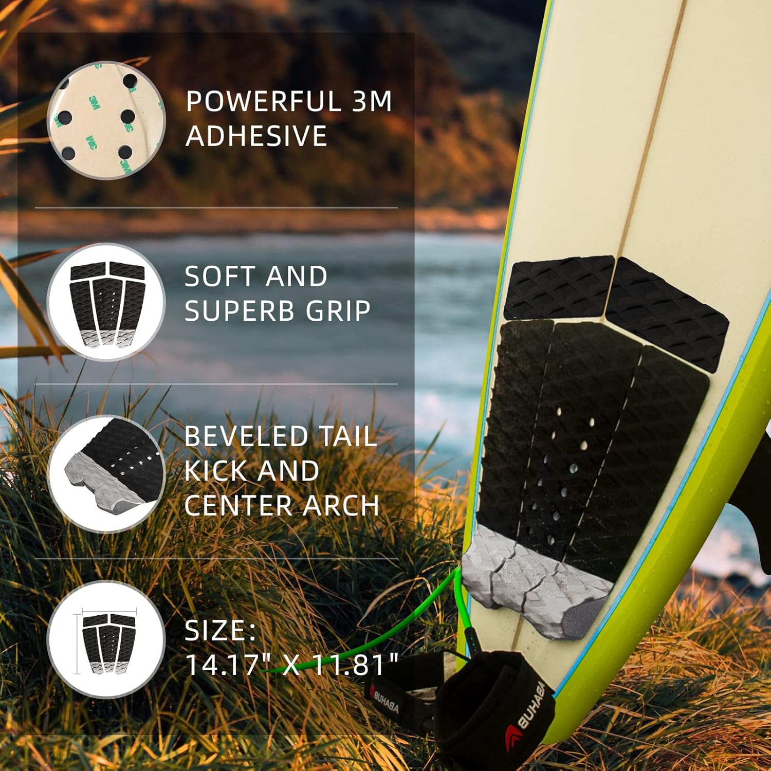 Abahub 3 Piece EVA Surfboard Deck Traction Pads with Kicker for Stomp Skimboards, Surf Boards, Funboard, Fish Board, Black/Blue/Green/Gray/Orange/Pink/White/Wine Red