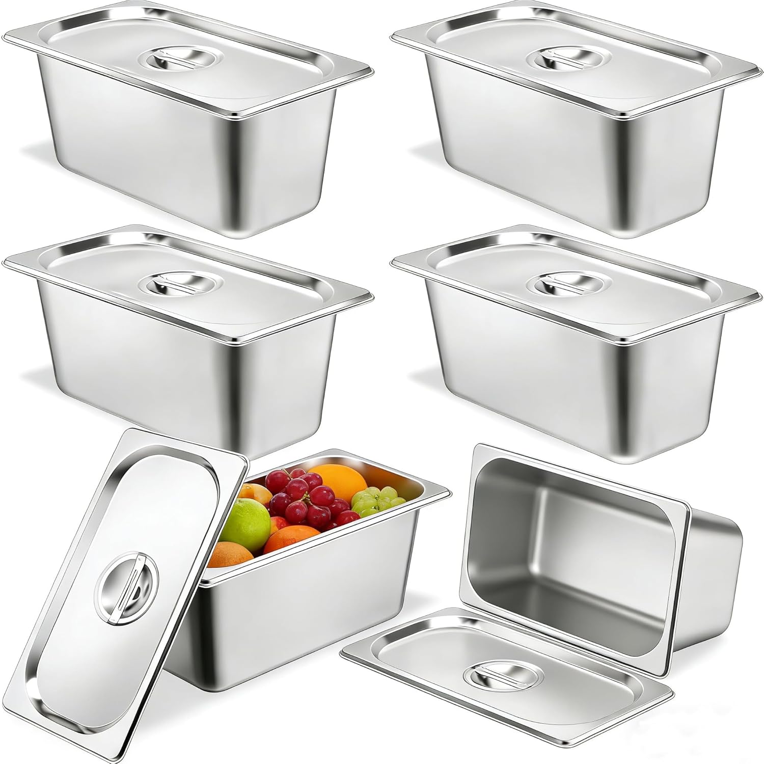 Dyna-Living 6 Pack Hotel Pan, 1/3 Size 6 Inch Deep Steam Table Pan with Lid Anti Jam Stainless Steel Commercial Food Pans Catering Food Storage Containers for Hotel Restaurant Buffet Catering Supplies