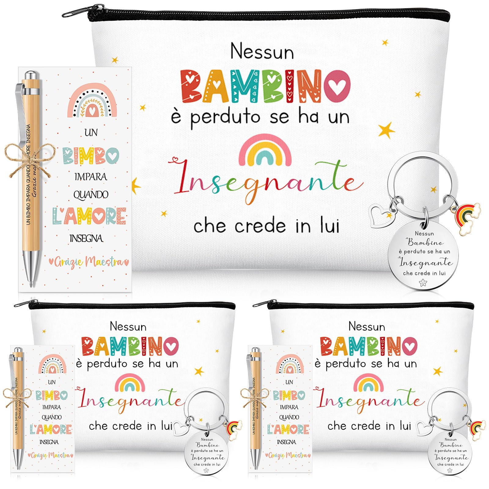 Xuniea 3 Sets Regali di Ringraziamento per Insegnante 3 Portachiavi con Cuore e Arcobaleno 3 Borse per Cosmetici in Tela 3 Penne a Sfera Carte e Corda per Maestra Asilo Professoressa Laurea Compleanno