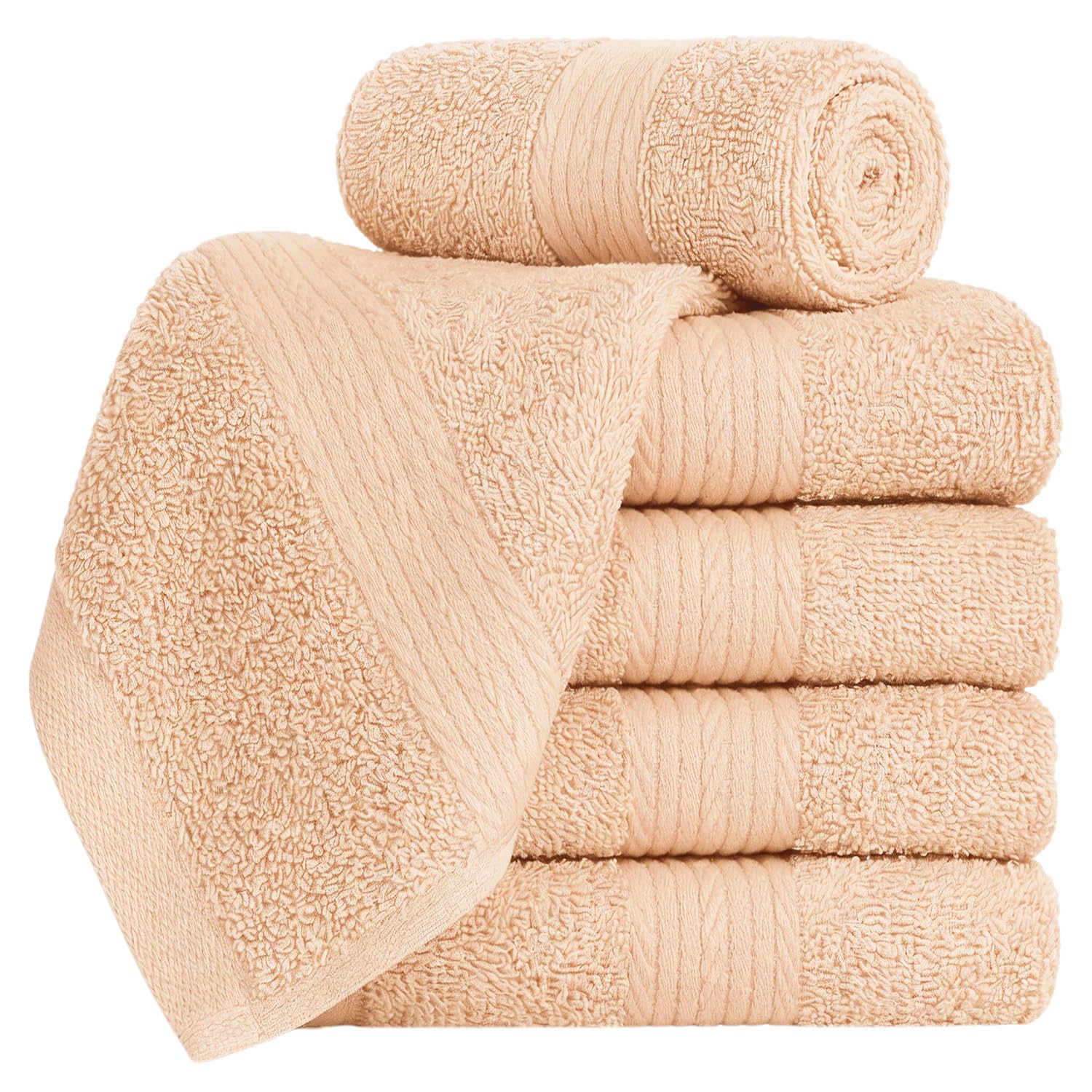 Ample Decor 100% Cotton Washcloths 12x12 Inches, 600 GSM, Soft & Absorbent, Set of 5, Beige