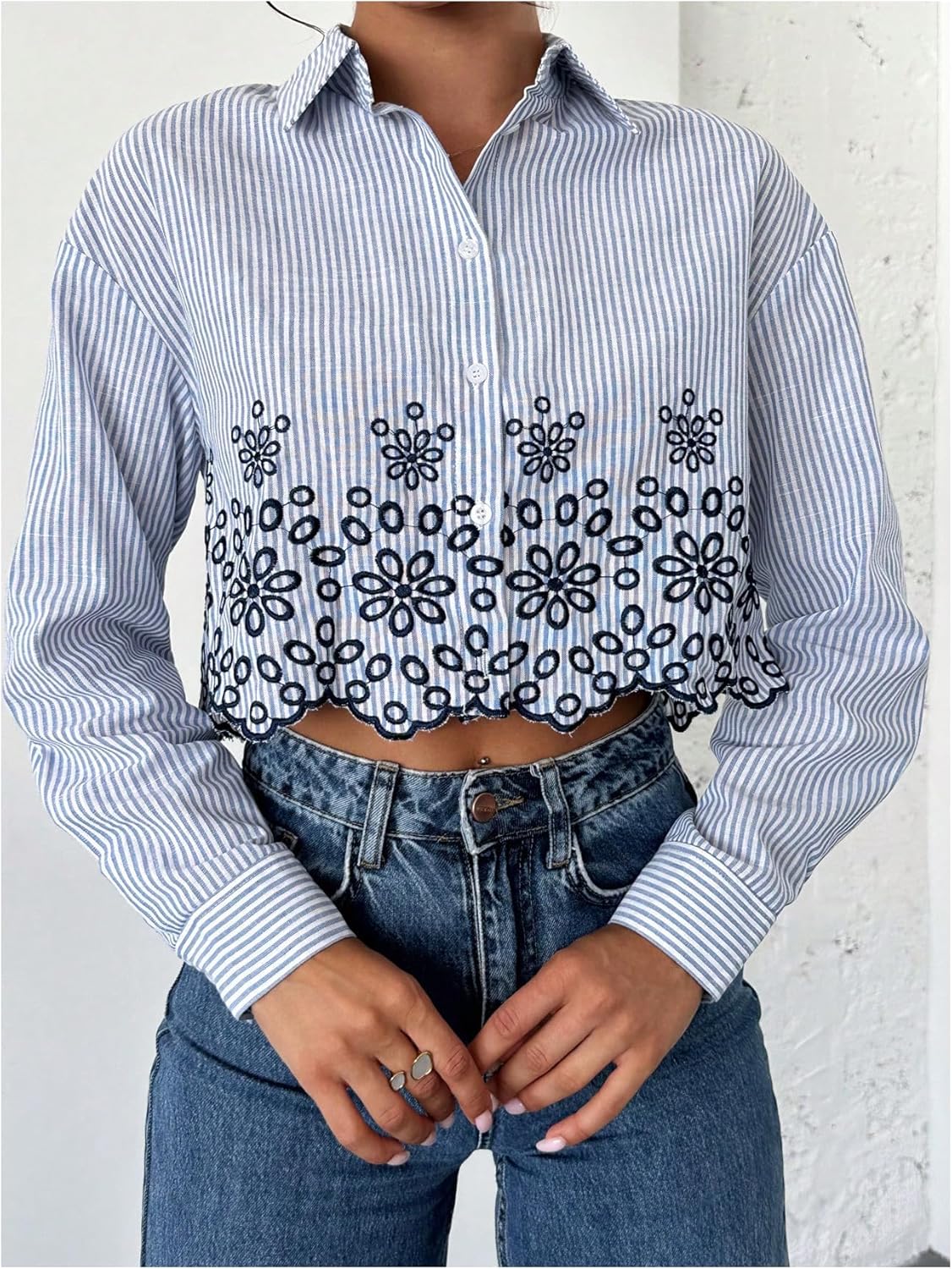 SweatyRocks Women's Striped Button Down Shirts Collared Long Sleeve Floral Embroidered Blouse Top - Image 4