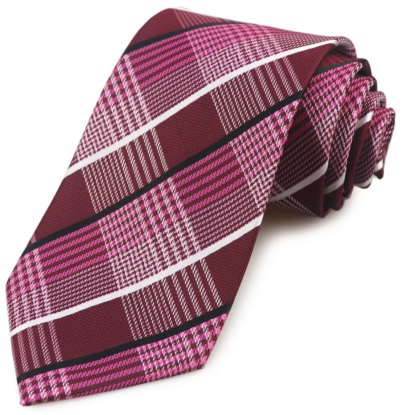 Vinesen Men's Claret Maroon Red Black White Necktie Woven Plaids Business Formal Suits Silk Ties for BF Father Husband