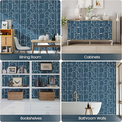 Miniatura 7 de Papel tapiz para despegar y pegar, papel tapiz geométrico azul moderno de 17.71 x 118 pulgadas, papel tapiz autoadhesivo extraíble, papel tapiz