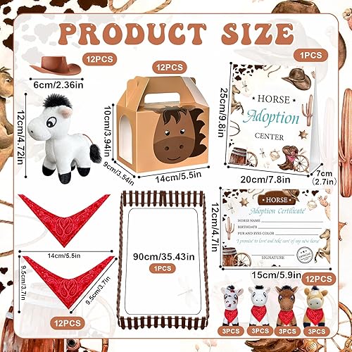 Miniatura 2 de 62 piezas de regalos de fiesta Adopta un caballo incluyen 12 caballos de peluche mini, 12 cajas, 12 sombreros marrones, 12 bufandas rojas, 12