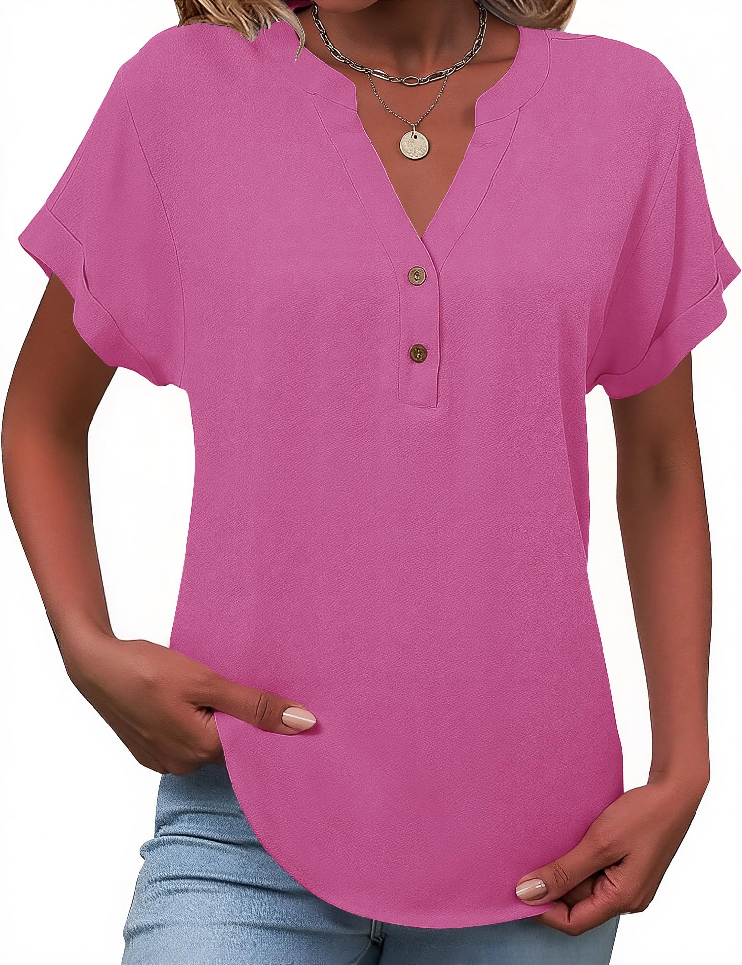 Tisfeer Leinenbluse Damen Sommer Kurzarm Bluse Baumwolle Leinen V-Ausschnitt mit Knopfleiste Locker Lässig Tunika Einfarbig