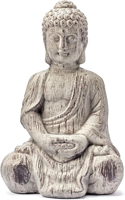 Sitting Buddha Garden Ornament Outdoor Statue Indoor Home Decor Stone Drift Wood Effect Figurine Table top Thai Meditating Décor Zen Weather Resistant 30cm Tall