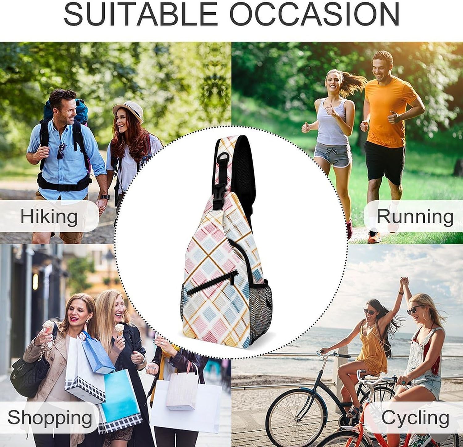 Checkered Pattern Sling Crossbody Bag Lightweight Chest Shoulder Backpack for Outdoor Sports