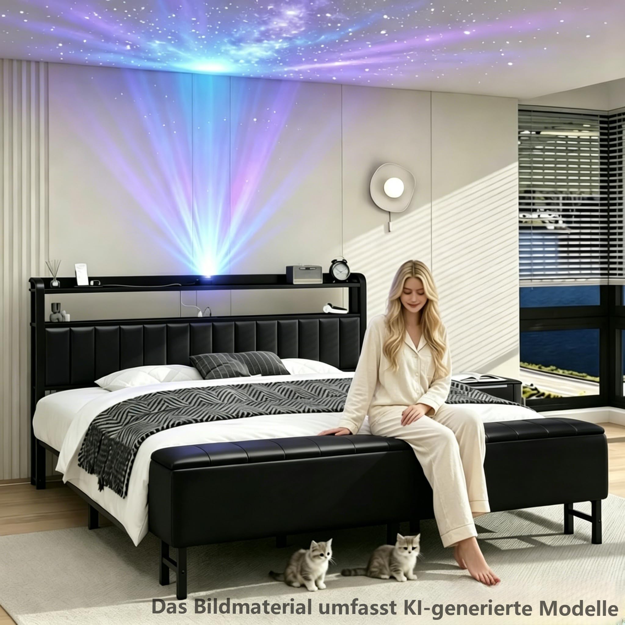 E-Motie Bett 180x200，Polsterbett mit Sternenprojektor, Ladestation und Aufbewahrungsbank， Doppelbettgestell 180 x 200 cm mit Gepolstertes Kopfteil und Lattenrost, Geräuschlos, Modern, Schwarz